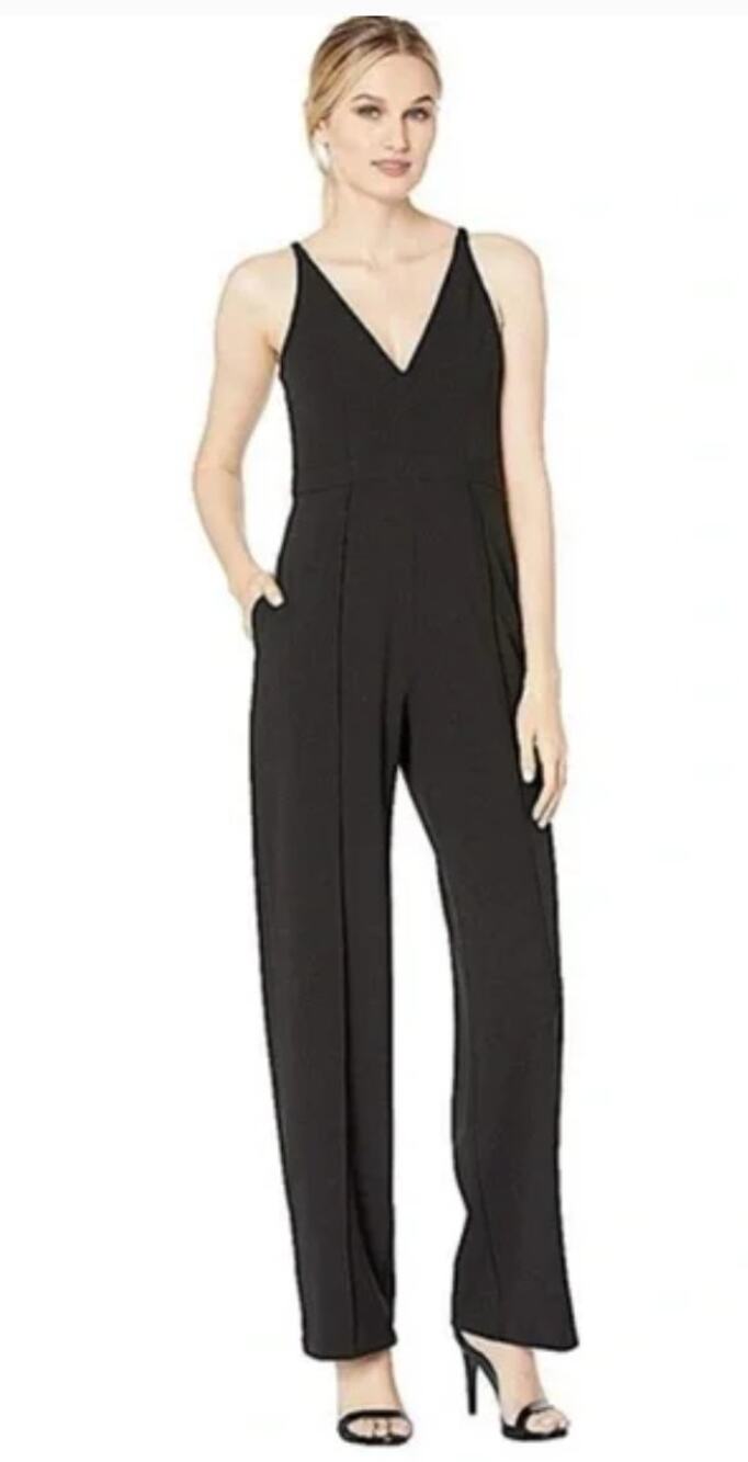 Donna Morgan Double V Neck Sleeveless Jumpsuit Womens 6 Black Crepe Pockets